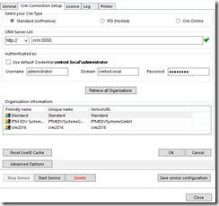 CRM Connection Setup dialog filled (example)